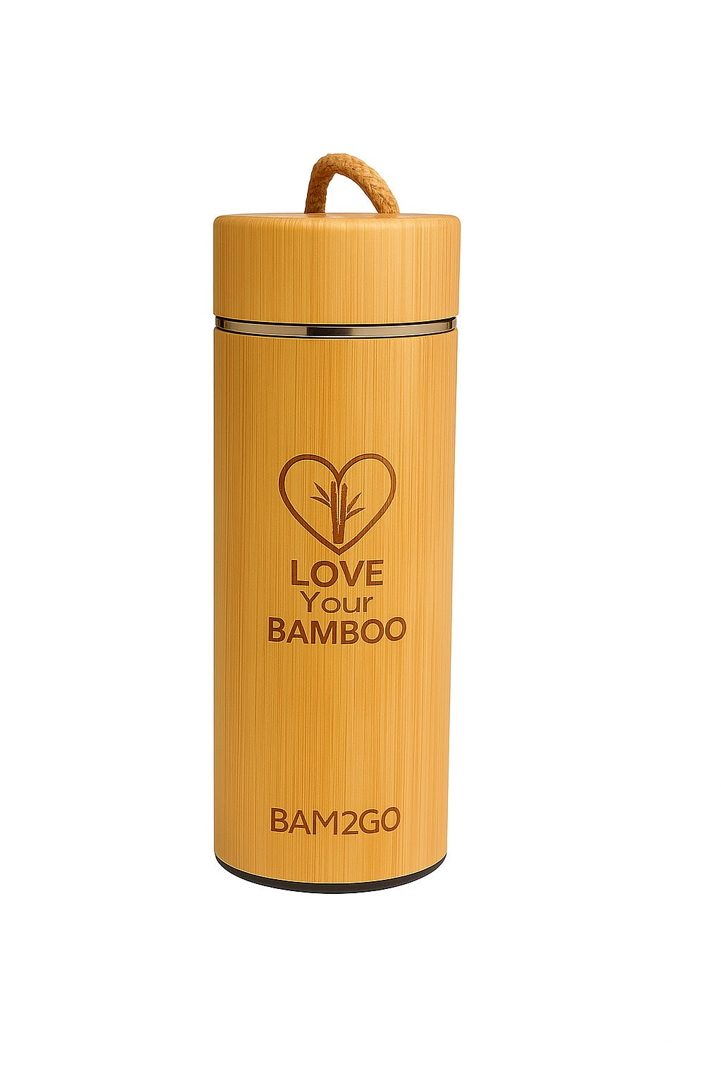 Bamboo water bottle with 'Love Your Bamboo' branding on a white background