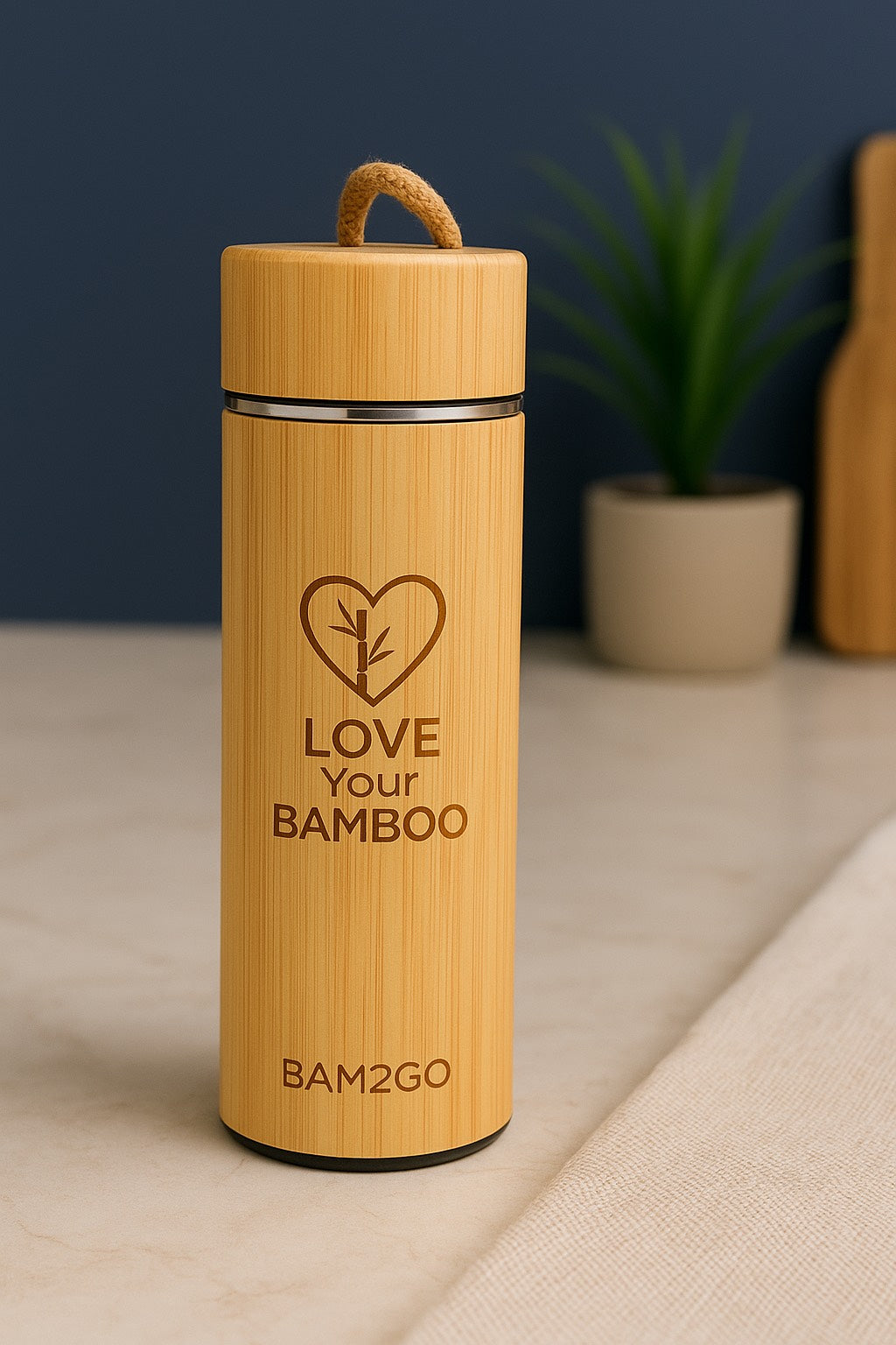 Bamboo water bottle with 'Love Your Bamboo' text on a neutral background