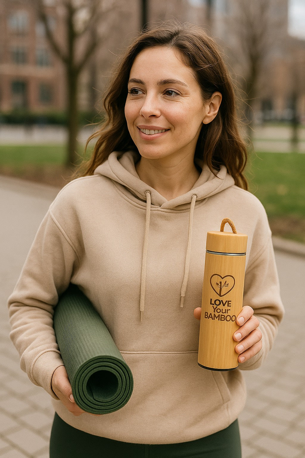 Woman holding a yoga mat and a bamboo water bottle with a heart design.
