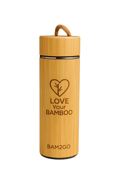 Bamboo water bottle with 'Love Your Bamboo' text on a white background