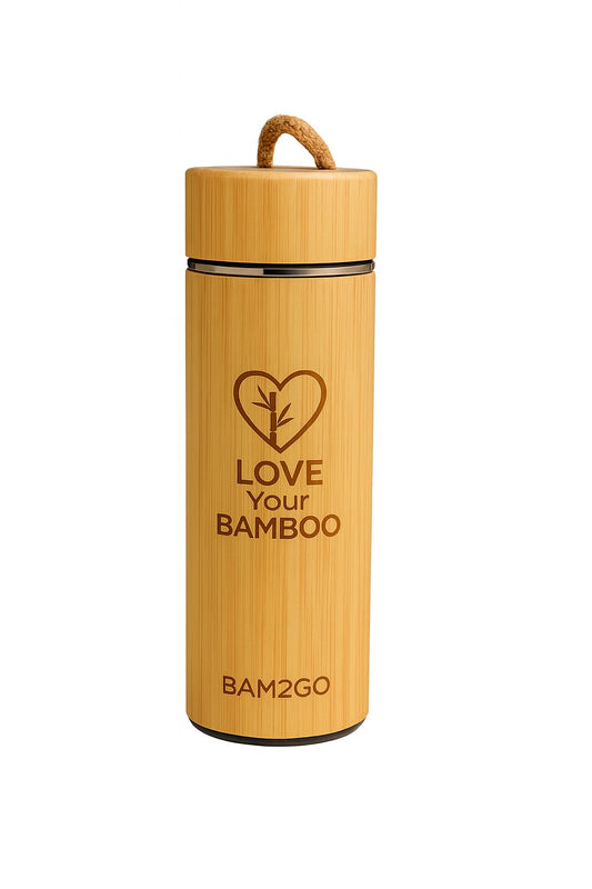Bamboo water bottle with 'Love Your Bamboo' text on a white background